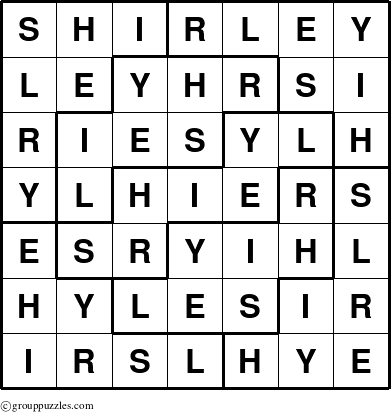 The grouppuzzles.com Answer grid for the Shirley puzzle for 