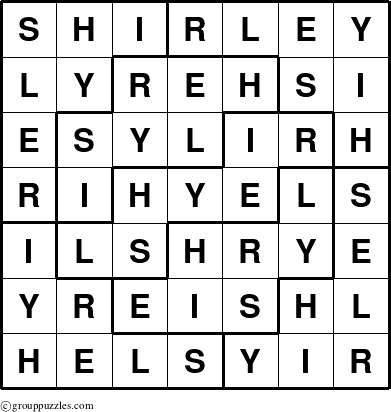 The grouppuzzles.com Answer grid for the Shirley puzzle for 