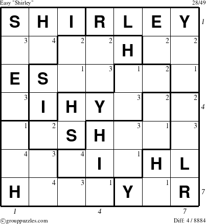 The grouppuzzles.com Easy Shirley puzzle for  with all 4 steps marked