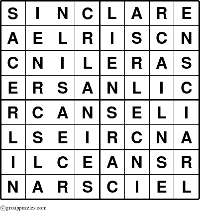 The grouppuzzles.com Answer grid for the Sinclare puzzle for 