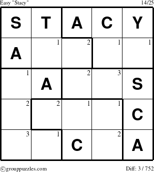 The grouppuzzles.com Easy Stacy puzzle for  with the first 3 steps marked