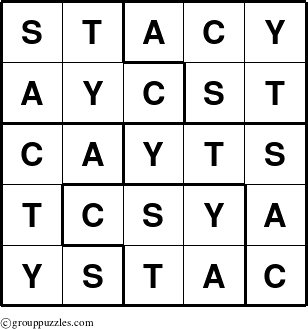 The grouppuzzles.com Answer grid for the Stacy puzzle for 