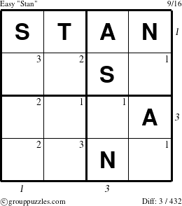 The grouppuzzles.com Easy Stan puzzle for , suitable for printing, with all 3 steps marked