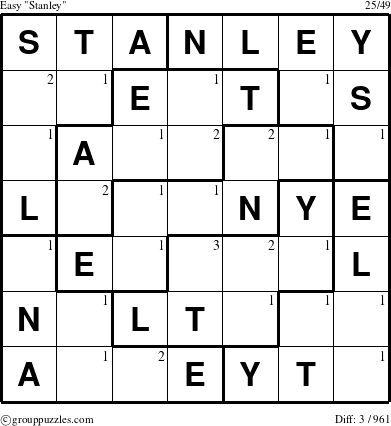 The grouppuzzles.com Easy Stanley puzzle for  with the first 3 steps marked