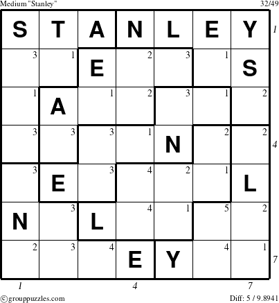 The grouppuzzles.com Medium Stanley puzzle for  with all 5 steps marked