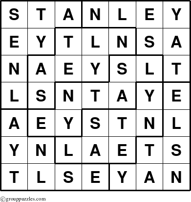 The grouppuzzles.com Answer grid for the Stanley puzzle for 