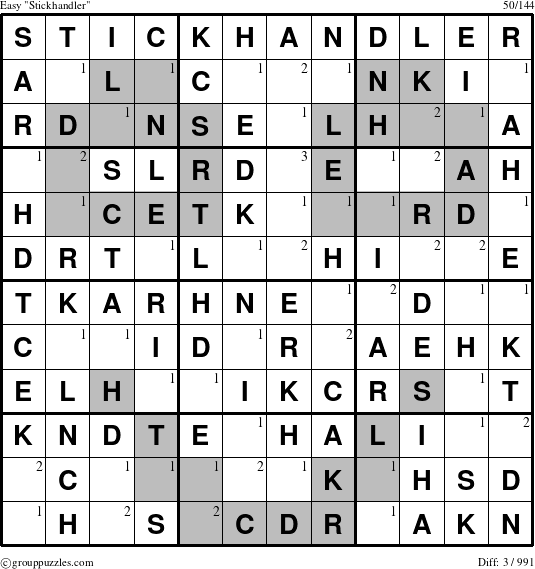 The grouppuzzles.com Easy Stickhandler puzzle for  with the first 3 steps marked