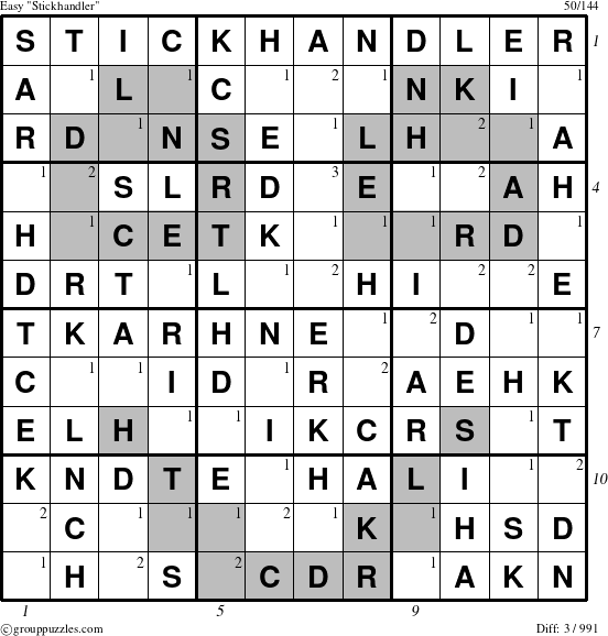 The grouppuzzles.com Easy Stickhandler puzzle for  with all 3 steps marked