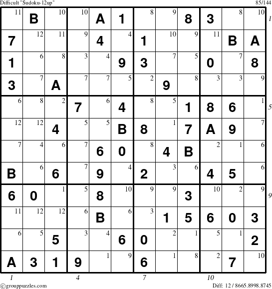 The grouppuzzles.com Difficult Sudoku-12up puzzle for , suitable for printing, with all 12 steps marked