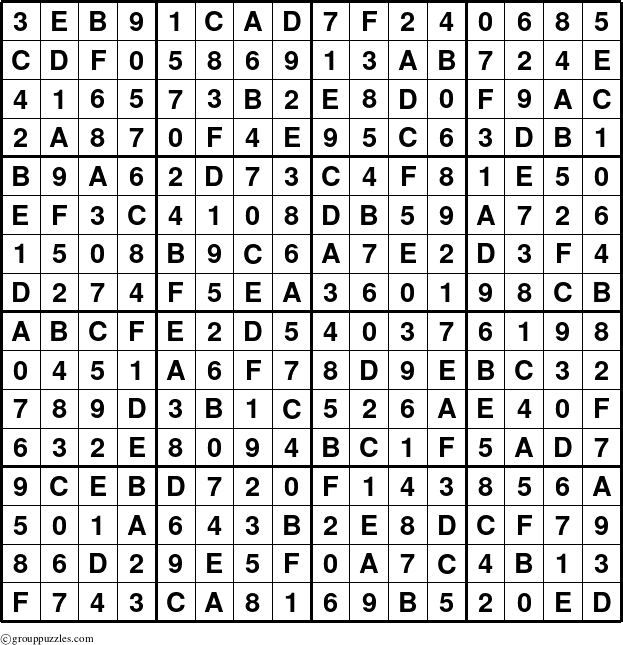 The grouppuzzles.com Answer grid for the Sudoku-16 puzzle for 