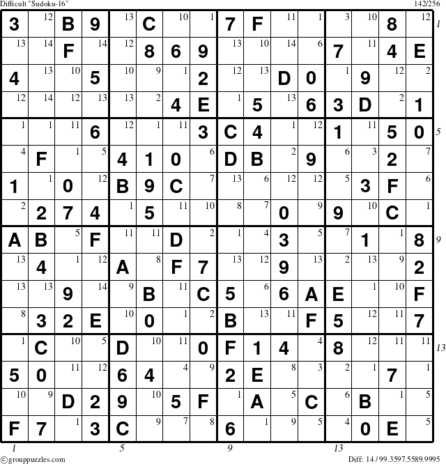 The grouppuzzles.com Difficult Sudoku-16 puzzle for , suitable for printing, with all 14 steps marked