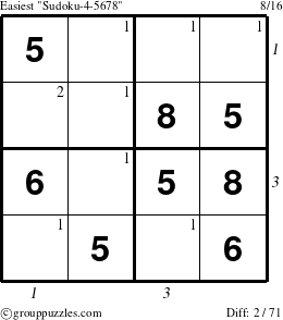 The grouppuzzles.com Easiest Sudoku-4-5678 puzzle for , suitable for printing, with all 2 steps marked