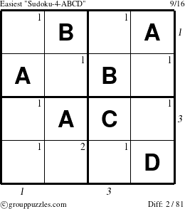 The grouppuzzles.com Easiest Sudoku-4-ABCD puzzle for , suitable for printing, with all 2 steps marked