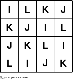 The grouppuzzles.com Answer grid for the Sudoku-4-IJKL puzzle for 