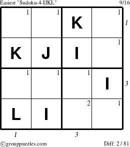 The grouppuzzles.com Easiest Sudoku-4-IJKL puzzle for  with all 2 steps marked