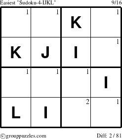 The grouppuzzles.com Easiest Sudoku-4-IJKL puzzle for  with the first 2 steps marked