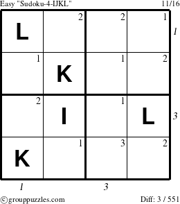 The grouppuzzles.com Easy Sudoku-4-IJKL puzzle for , suitable for printing, with all 3 steps marked