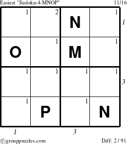 The grouppuzzles.com Easiest Sudoku-4-MNOP puzzle for , suitable for printing, with all 2 steps marked