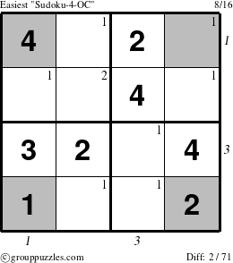 The grouppuzzles.com Easiest Sudoku-4-OC puzzle for , suitable for printing, with all 2 steps marked