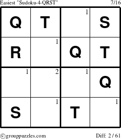 The grouppuzzles.com Easiest Sudoku-4-QRST puzzle for  with the first 2 steps marked