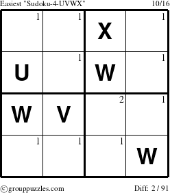 The grouppuzzles.com Easiest Sudoku-4-UVWX puzzle for  with the first 2 steps marked