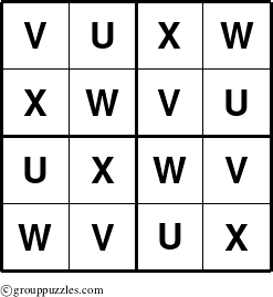 The grouppuzzles.com Answer grid for the Sudoku-4-UVWX puzzle for 