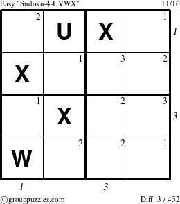 The grouppuzzles.com Easy Sudoku-4-UVWX puzzle for , suitable for printing, with all 3 steps marked