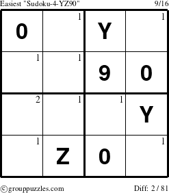 The grouppuzzles.com Easiest Sudoku-4-YZ90 puzzle for  with the first 2 steps marked