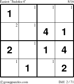 The grouppuzzles.com Easiest Sudoku-4 puzzle for  with the first 2 steps marked