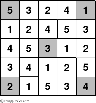 The grouppuzzles.com Answer grid for the Sudoku-5-Spot puzzle for 