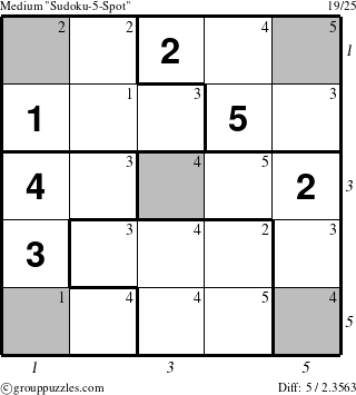 The grouppuzzles.com Medium Sudoku-5-Spot puzzle for  with all 5 steps marked