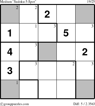 The grouppuzzles.com Medium Sudoku-5-Spot puzzle for  with the first 3 steps marked