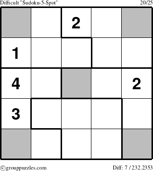 The grouppuzzles.com Difficult Sudoku-5-Spot puzzle for 