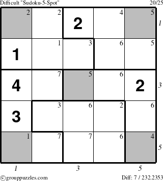 The grouppuzzles.com Difficult Sudoku-5-Spot puzzle for  with all 7 steps marked