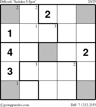 The grouppuzzles.com Difficult Sudoku-5-Spot puzzle for  with the first 3 steps marked