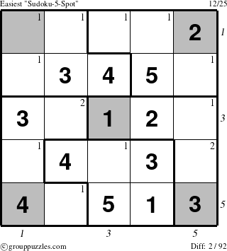 The grouppuzzles.com Easiest Sudoku-5-Spot puzzle for , suitable for printing, with all 2 steps marked