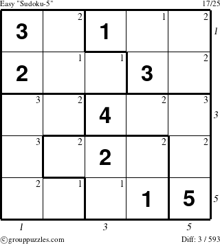 The grouppuzzles.com Easy Sudoku-5 puzzle for , suitable for printing, with all 3 steps marked