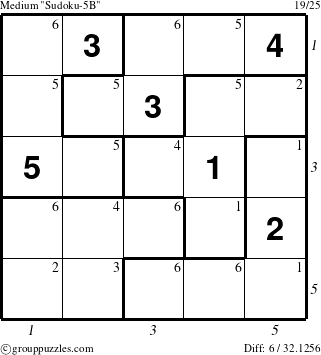 The grouppuzzles.com Medium Sudoku-5B puzzle for , suitable for printing, with all 6 steps marked