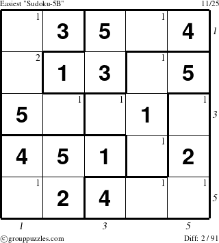 The grouppuzzles.com Easiest Sudoku-5B puzzle for , suitable for printing, with all 2 steps marked