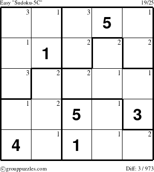 The grouppuzzles.com Easy Sudoku-5C puzzle for  with the first 3 steps marked