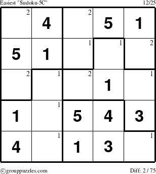 The grouppuzzles.com Easiest Sudoku-5C puzzle for  with the first 2 steps marked