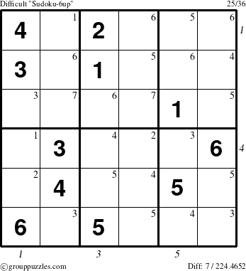 The grouppuzzles.com Difficult Sudoku-6up puzzle for , suitable for printing, with all 7 steps marked