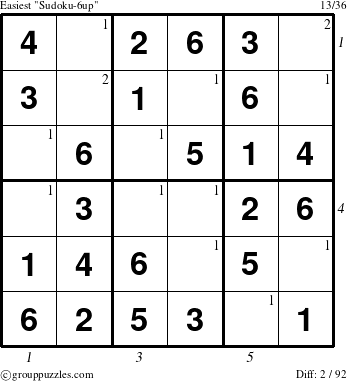 The grouppuzzles.com Easiest Sudoku-6up puzzle for , suitable for printing, with all 2 steps marked