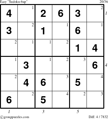 The grouppuzzles.com Easy Sudoku-6up puzzle for , suitable for printing, with all 4 steps marked