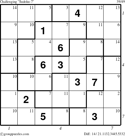 The grouppuzzles.com Challenging Sudoku-7 puzzle for , suitable for printing, with all 14 steps marked