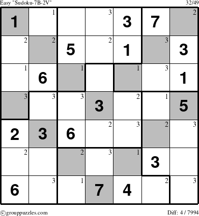 The grouppuzzles.com Easy Sudoku-7B-2V puzzle for  with the first 3 steps marked