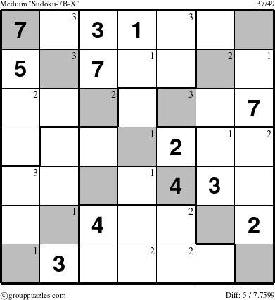 The grouppuzzles.com Medium Sudoku-7B-X puzzle for  with the first 3 steps marked