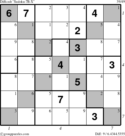 The grouppuzzles.com Difficult Sudoku-7B-X puzzle for , suitable for printing, with all 9 steps marked