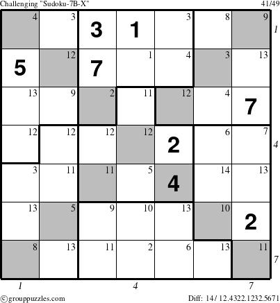 The grouppuzzles.com Challenging Sudoku-7B-X puzzle for  with all 14 steps marked