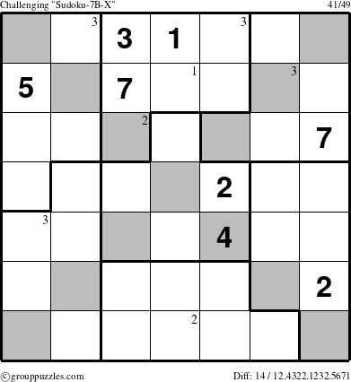 The grouppuzzles.com Challenging Sudoku-7B-X puzzle for  with the first 3 steps marked